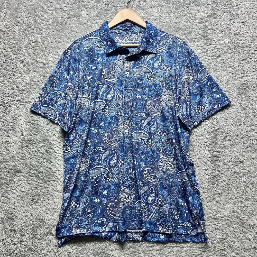 Robert Graham Polo Shirt Large Blue Paisley Short Sleeve Collar Skull Golf Clubs